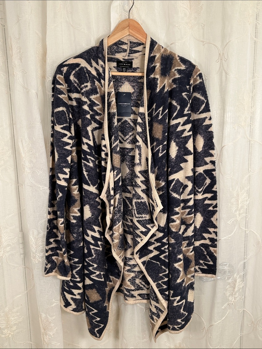 Lucky Brand Aztec Southwestern Open Front Cardigan NWT Med Blue Tan Cream Fringe
